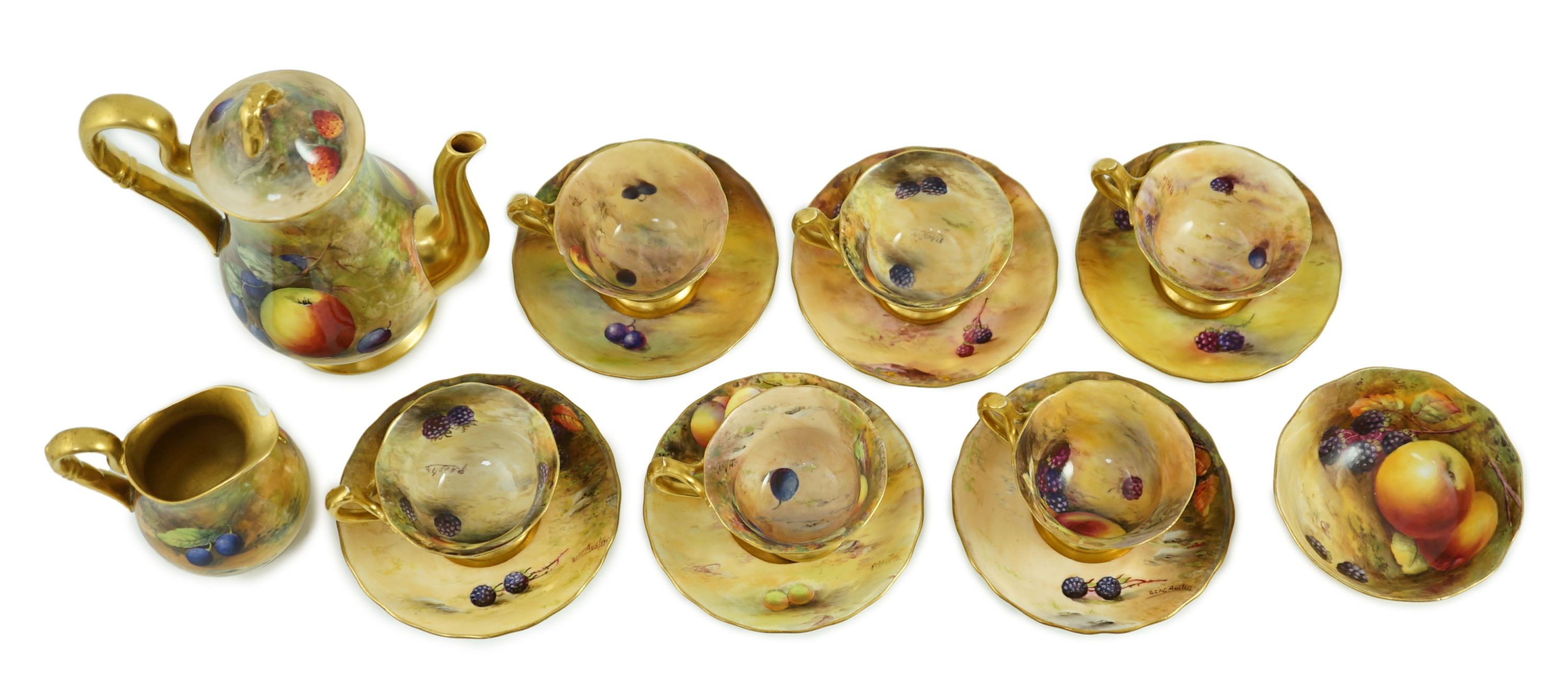 A Royal Worcester fruit painted coffee set, c.1924/25, Coffee pot 17.5cm high